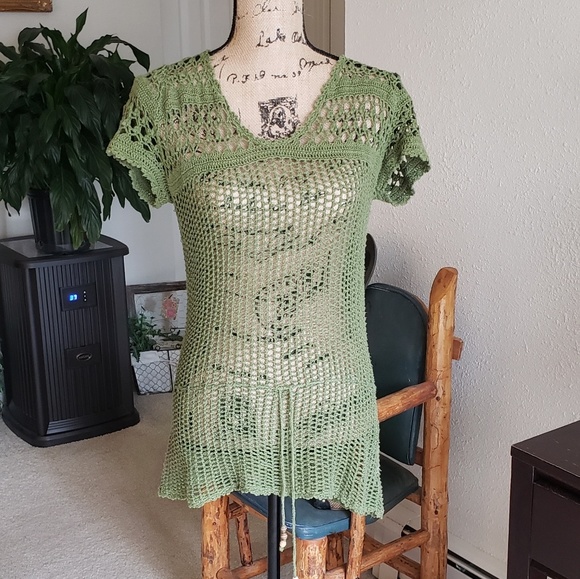 Eddie Bauer Tops - Eddie Bauer Crochet Olive Blouse